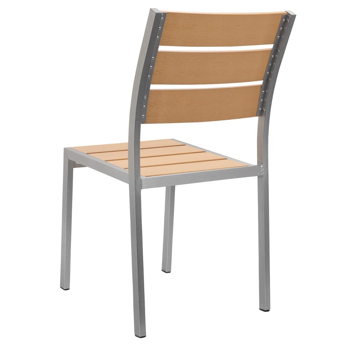 Brushed Aluminum Frame Stackable Outdoor Restaurant Chair With Tan Synthetic Teak Slats