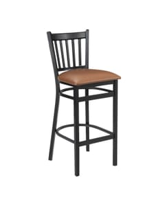 Black Metal Vertical-Back Commercial Bar Stool with Reclaimed Wood Seat (front)