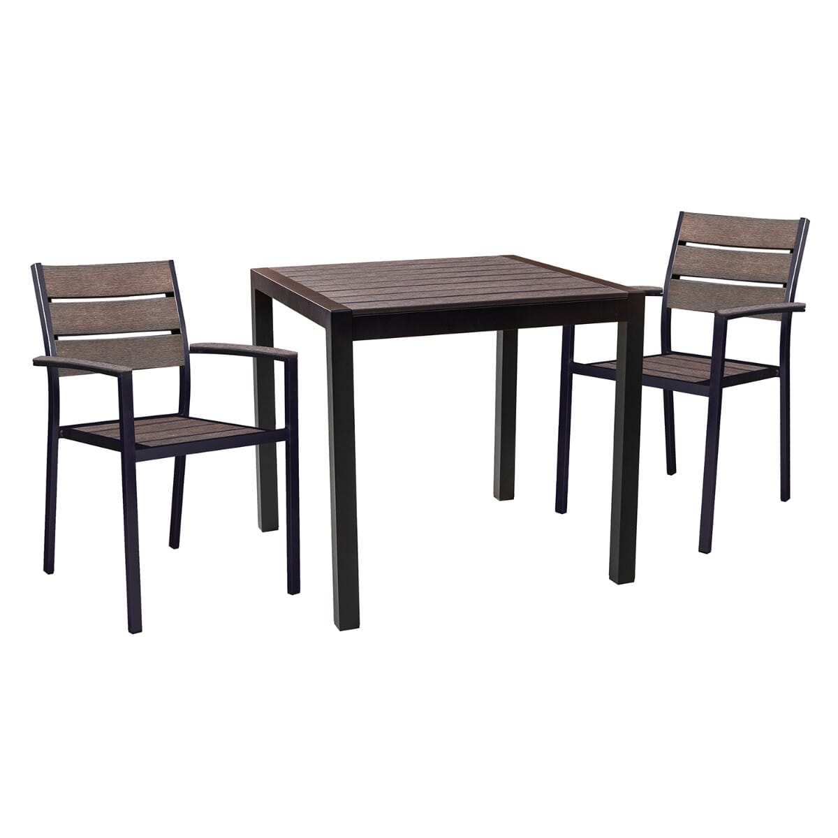 Aluminum Outdoor Stackable Restaurant Arm Chair With Brushed Brown Synthetic Teak Slats