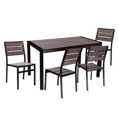 Black Frame Stackable Outdoor Restaurant Chair With Brushed Brown Synthetic Teak Slats