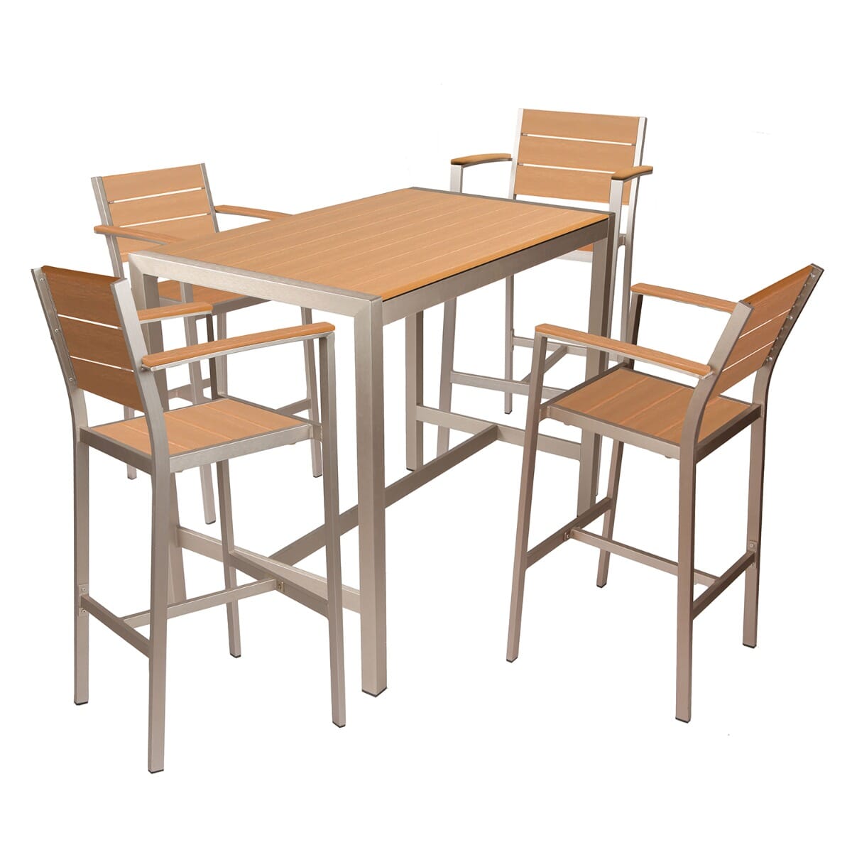 Brushed Aluminum Frame Outdoor Bar Stool with Tan Synthetic Teak Slats