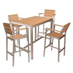 Brushed Aluminum Frame Outdoor Bar Stool with Tan Synthetic Teak Slats