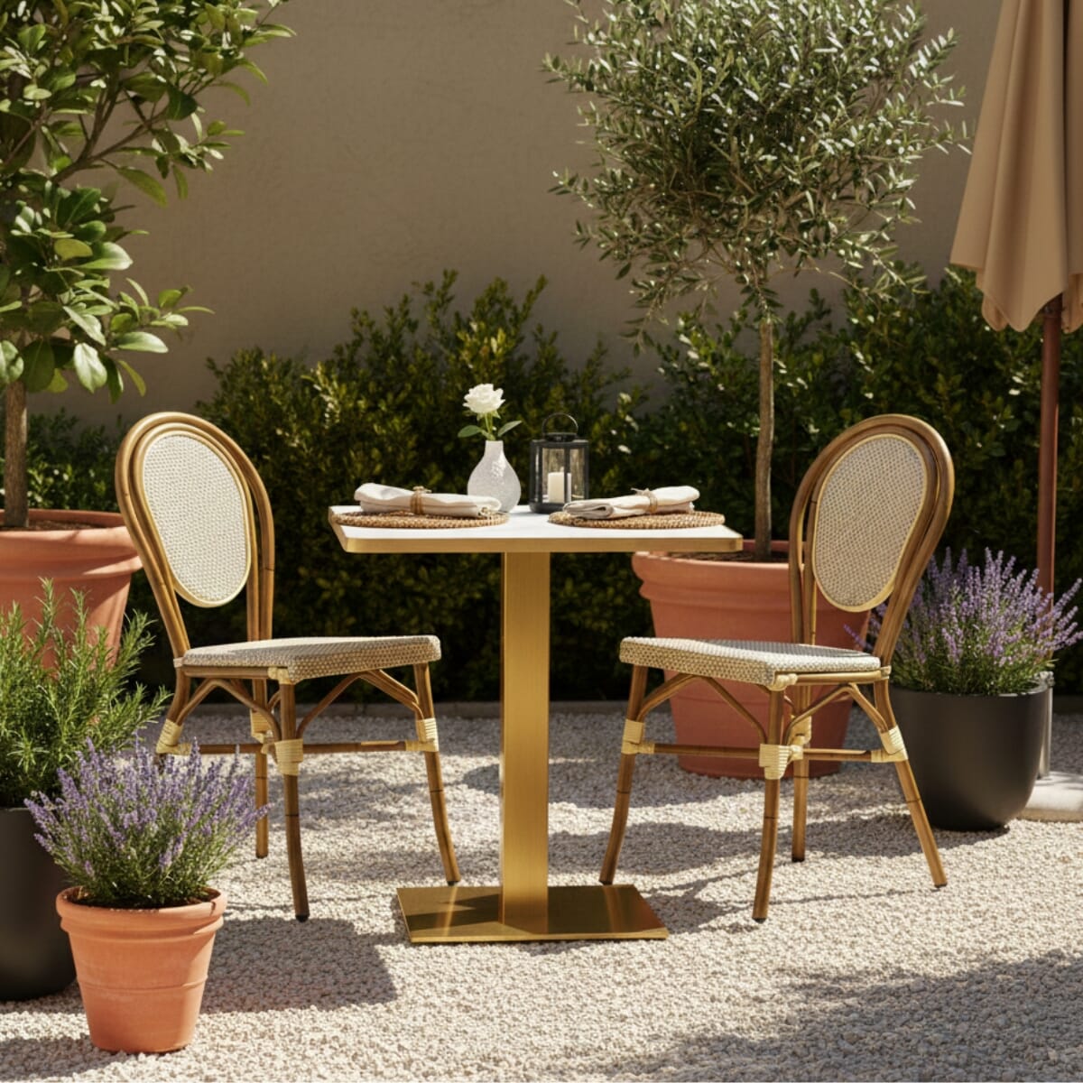 Stackable Aluminum Frame Bamboo Look Outdoor Chair with Rounded Back