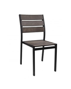 Black Frame Stackable Outdoor Restaurant Chair With Brushed Brown Synthetic Teak Slats