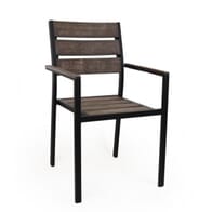 Black Frame Stackable Outdoor Restaurant Arm Chair With Brushed Brown Synthetic Teak Slats