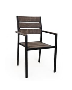 Black Frame Outdoor Restaurant Arm Chair With Brushed Brown Synthetic Teak Slats (Front)