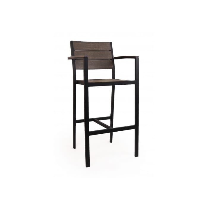 Black Frame Outdoor Arm Restaurant Bar Stool With Brushed Brown Synthetic Teak Slats Black Frame Outdoor Arm Restaurant Bar, Outdoor Bar Stools Without Arms