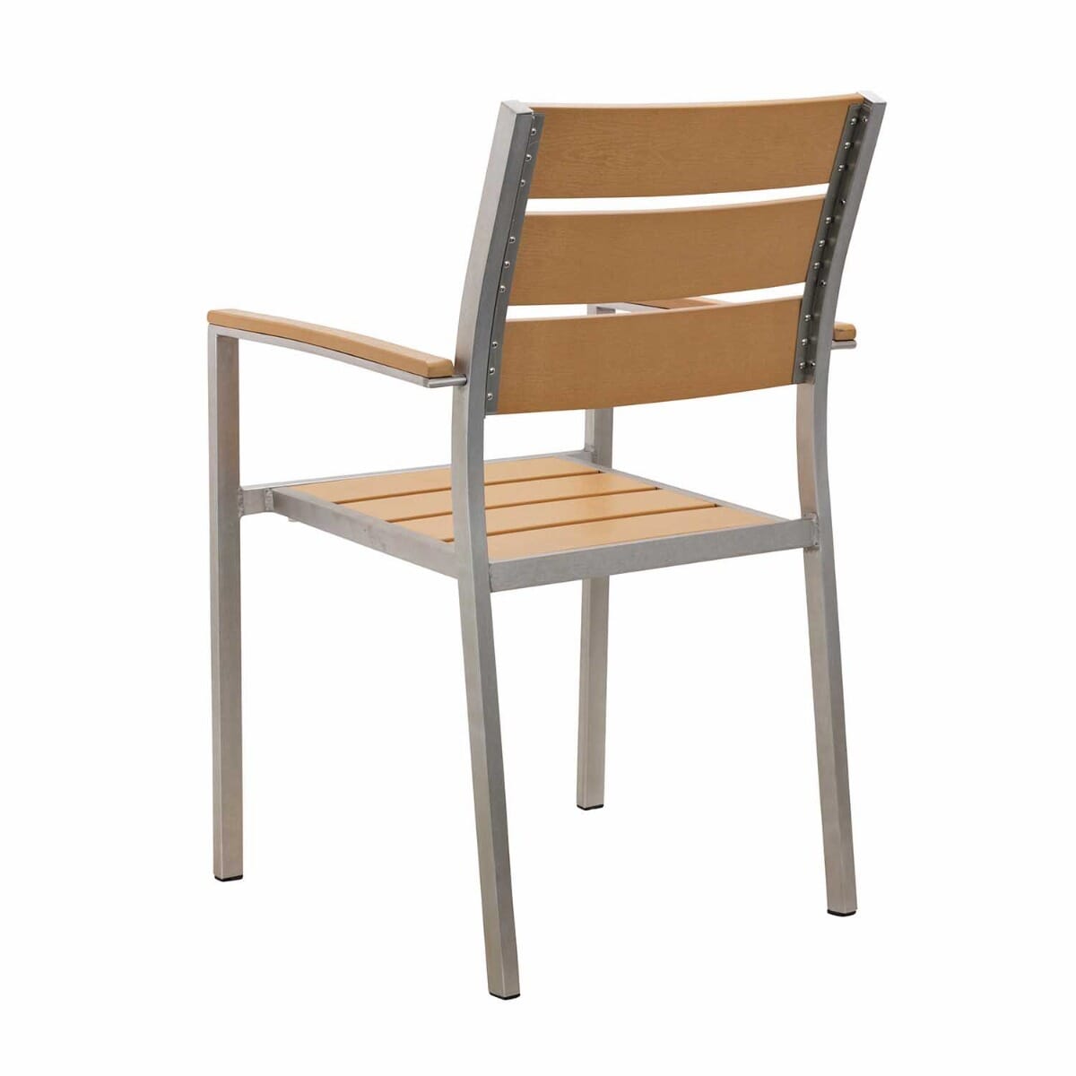 Aluminum Outdoor Stackable Restaurant Arm Chair With Tan Synthetic Teak Slats