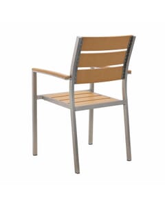 Aluminum Outdoor Stackable Restaurant Arm Chair With Tan Synthetic Teak Slats