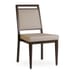 Banquet hall chair made of tough and lightweight aluminum alloy in brown frame finish and beige upholstery.