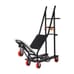 Angled view of heavy-duty banquet chair dolly with red wheels and tilted loading platform