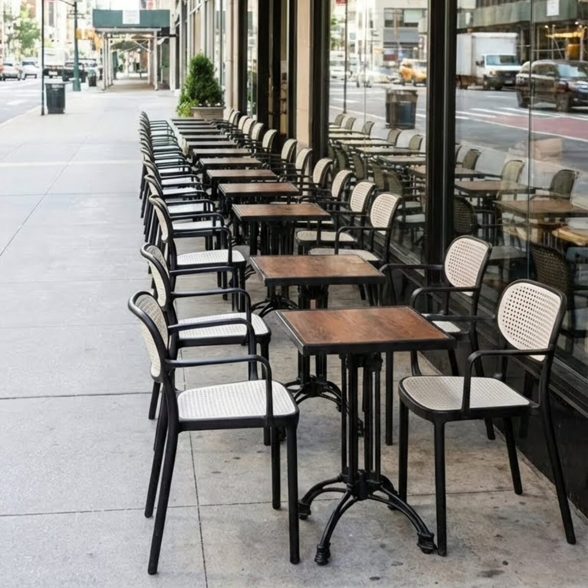 Indoor/Outdoor Resin Restaurant Arm Chair with Mesh Seat and Back