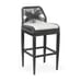 Grey rope outdoor restaurant bar stool with a black metal frame and woven backrest, featuring a cushioned seat