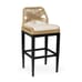 Tan rope outdoor restaurant bar stool with black metal legs and a woven backrest, featuring a cushioned seat