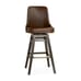 Commercial Bar stool, front view. Dark brown tufted seat, dark wood frame