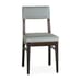 Front view of restaurant chair with rectangular padded backrest and light gray upholstery