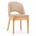 Upholstered restaurant chair with a curved backrest and cut-out detail, supported by light wood legs, designed for stylish and comfortable dining spaces.