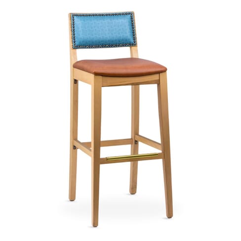 Lot of 15 - Fully Upholstered Natural Wood Madison Commercial Bar Stool with Nail-head Trim