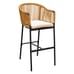 Side angle view of woven rope bar stool showcasing the natural woven backrest, black metal frame, and cushioned seat.