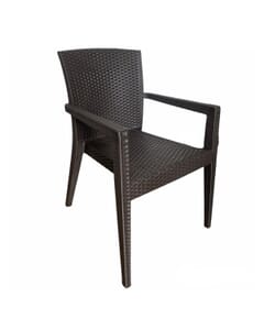Curved-Back Dark Gray Synthetic Wicker Restaurant Chair with Arms - Front View
