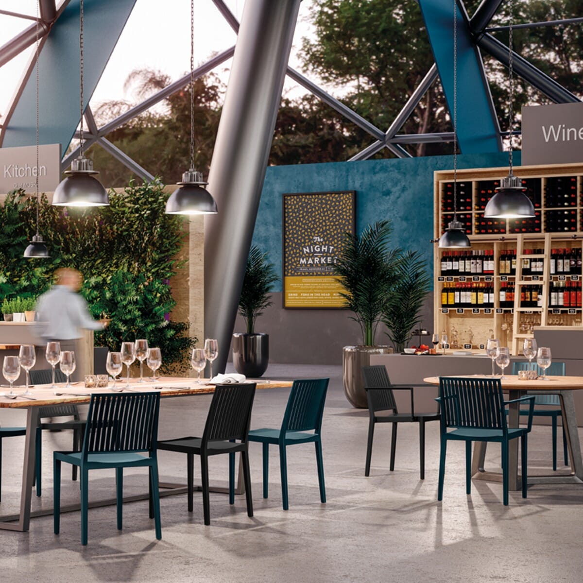 Stackable Indoor/Outdoor Resin Chair With Striped Square Back in Black