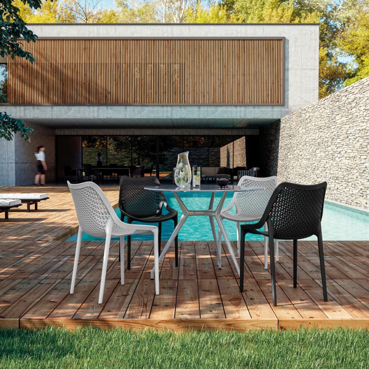 Stackable Indoor/Outdoor White Resin Chair With Triangular Perforated Seat & Back Design