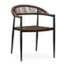 Angled front view of a modern outdoor commercial patio chair with a bronze woven rope seat/backrest paired with a matte black metal frame