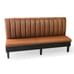 Channeled banquette-style restaurant booth with a brown vinyl backrest, dark brown wood base, and wooden legs