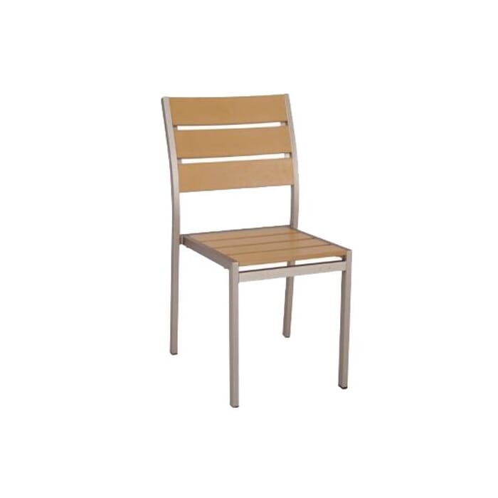 Brushed Aluminum Frame Outdoor Restaurant Chair With Tan Synthetic Teak Slats - Synthetic Teak Patio Furniture Brushed Aluminum Frame Outdoor Restaurant Chair With Tan Synthetic Teak Slats - Synthetic Teak Patio Furniture