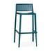 A front view of a minimalist blue commercial bar stool with a striped square backrest, slim legs, and a footrest