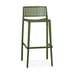 A full view of a green commercial bar stool with a slatted backrest, slim legs, and a footrest
