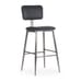 Angled front view of bar stool showcasing black vinyl ribbed upholstery and tapered metal legs with clear coat
