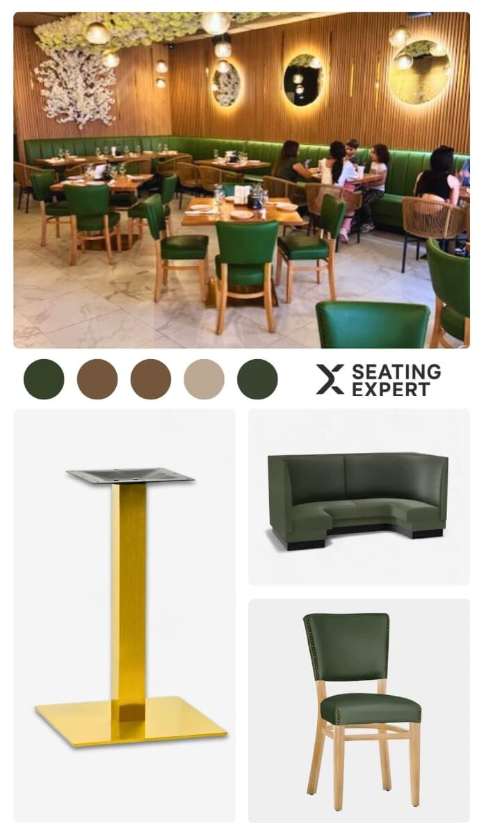 Moodboard showing red-oak planks, gold bases and upholstered chairs at La Juliana Restaurant in Miami
